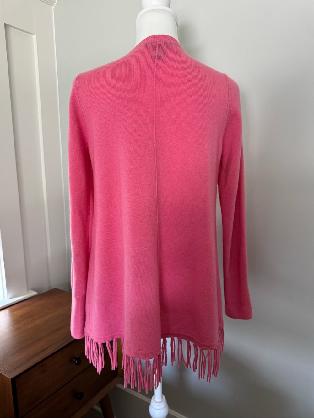 100% Cashmere Cardigan Pink Open-Front Fringe Hem Sweater - Picture 4 of 6